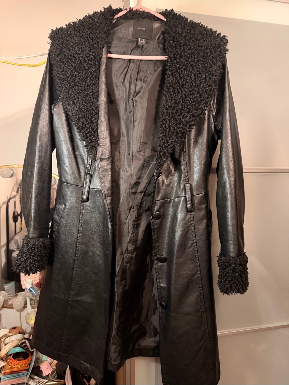 Forever 21 Black Faux Leather Trench Coat with Shearling Trim